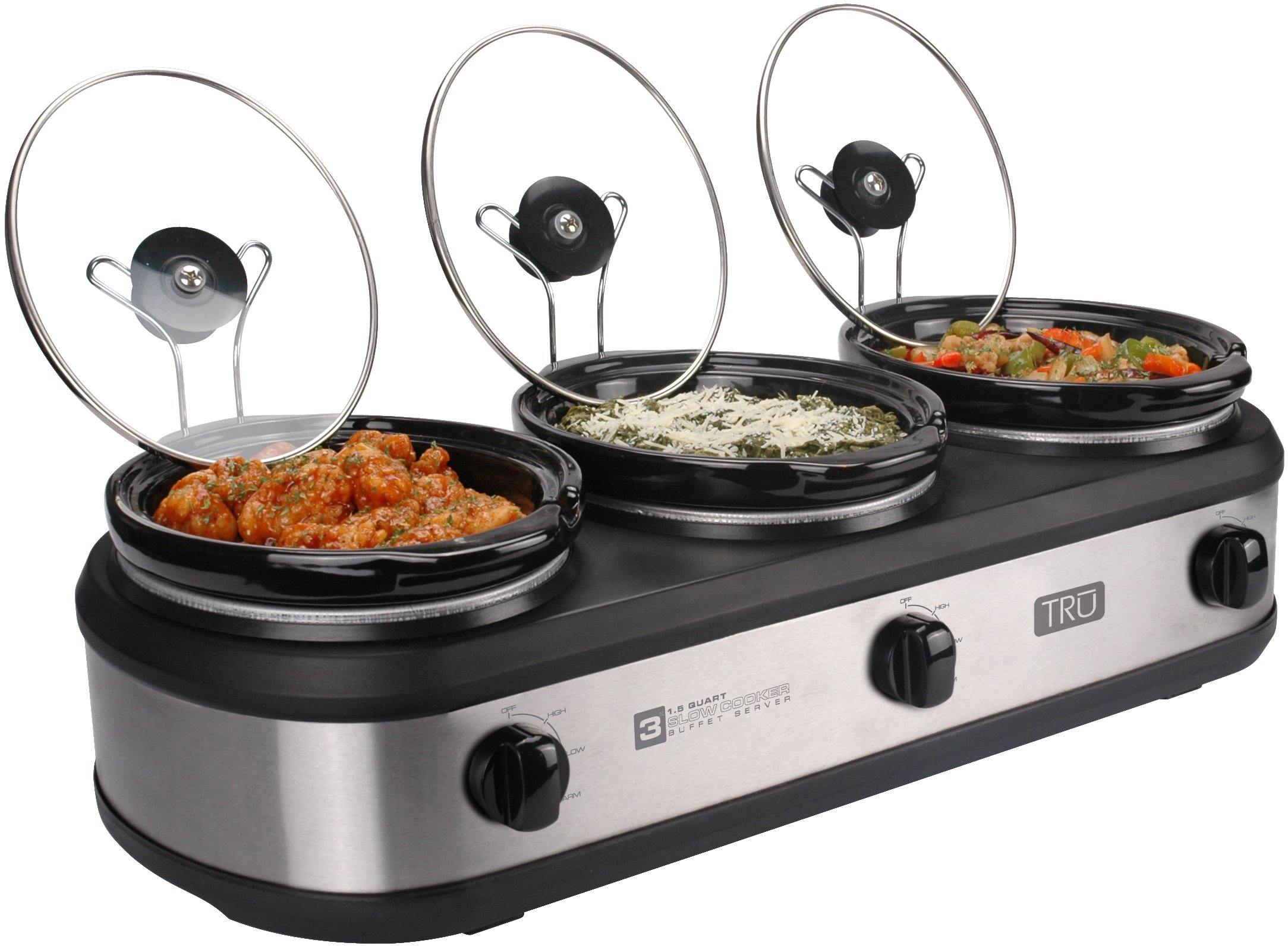 Triple Slow Cooker with 3 Spoons, 3 Pot 1.5 Quart Oval Crock Food Warmer  Buffet Server, Stainless Steel