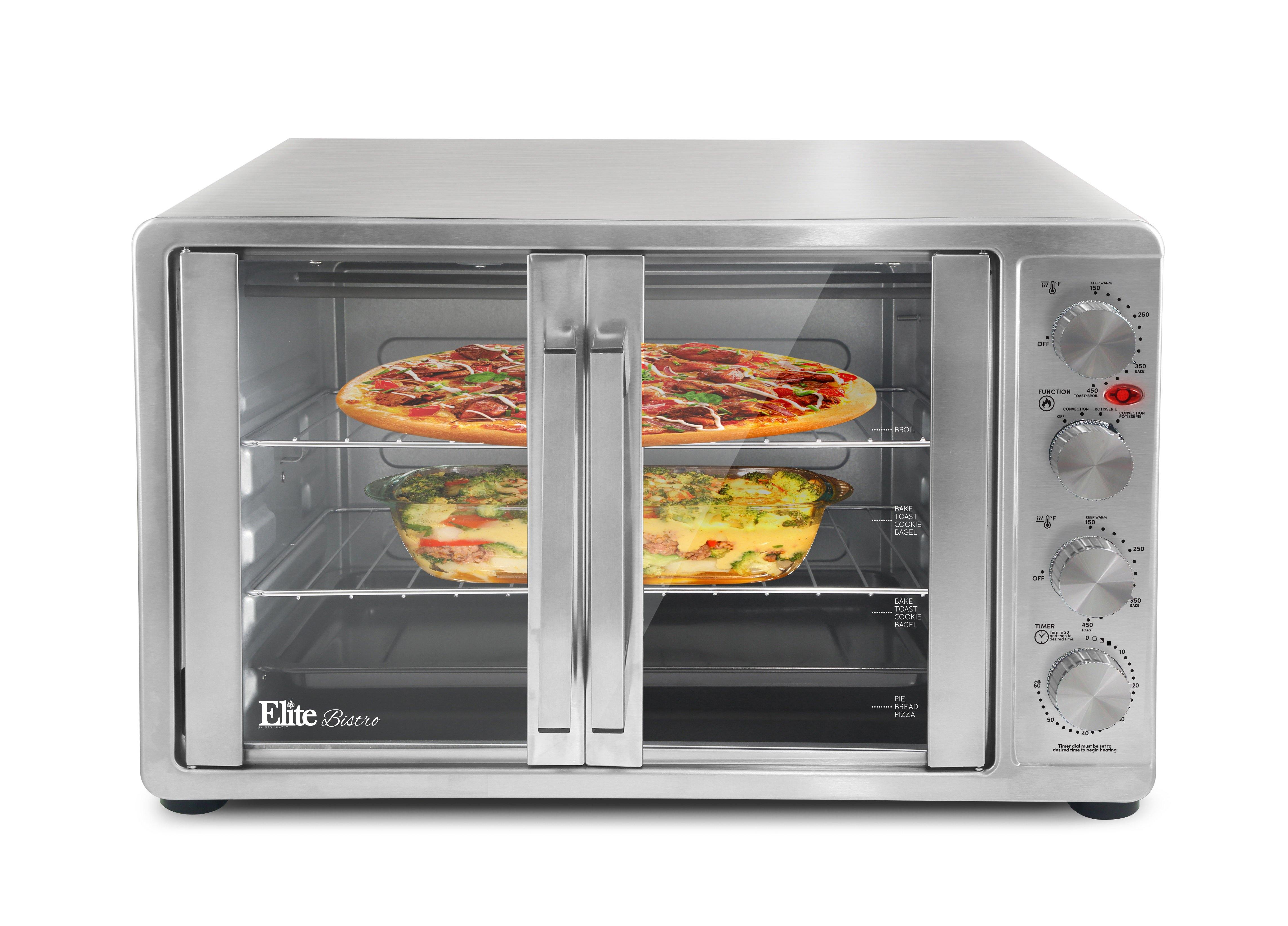 Elite Gourmet ETO2530M New Double French Door Toaster Oven Fits 12 inch Pizza, Stainless Steel