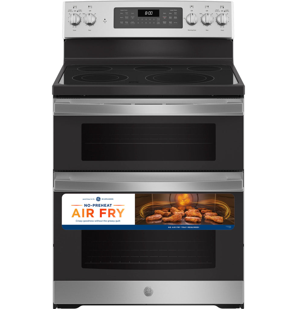 GE® 30" Free-Standing Electric Double Oven Convection Range in Stainless Steel/Gray