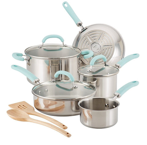 Rachael Ray Create Delicious 10-Piece Cookware Set in Stainless Steel with Light Blue Handles