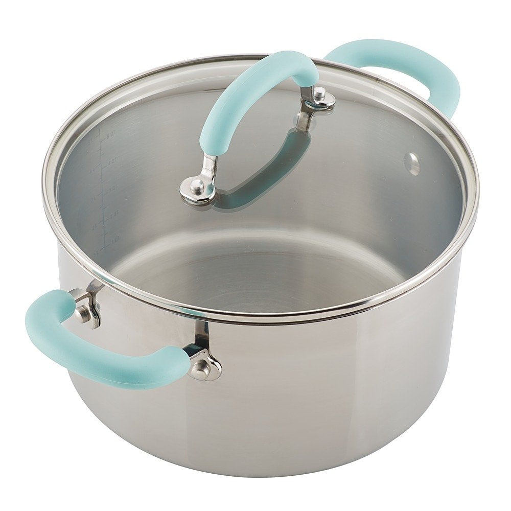 Rachael Ray Create Delicious 10-Piece Cookware Set in Stainless Steel with Light Blue Handles