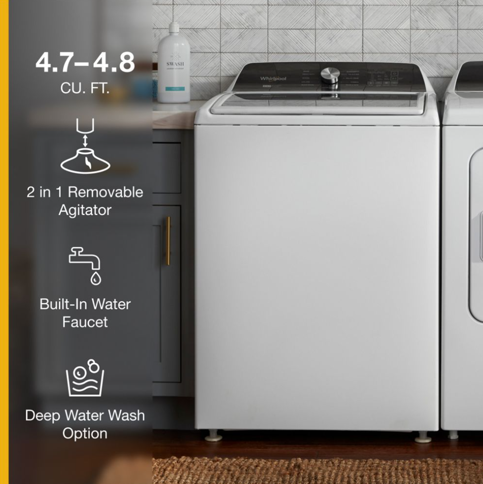 Whirlpool 4.7-4.8 Cu. Ft. Top Load Washer with 2 in 1 Removable Agitator in White