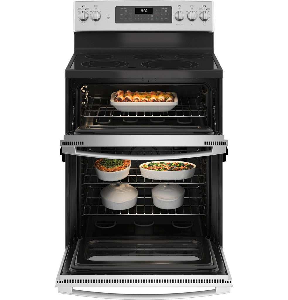 GE® 30" Free-Standing Electric Double Oven Convection Range in Stainless Steel/Gray
