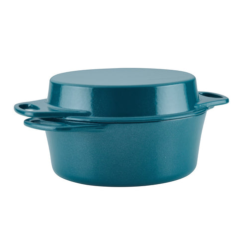 Rachael-Ray-4qt-Cast-Iron-Casserole-w/-10"-Griddle-Lid-Teal