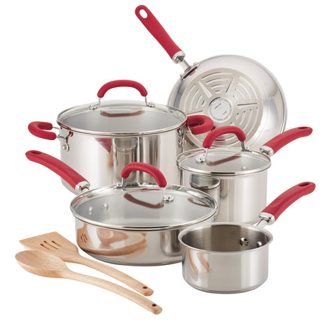 Rachael-Ray-Create-Delicious-10pc-Stainless-Steel-Cookware-w/-Red-Handles