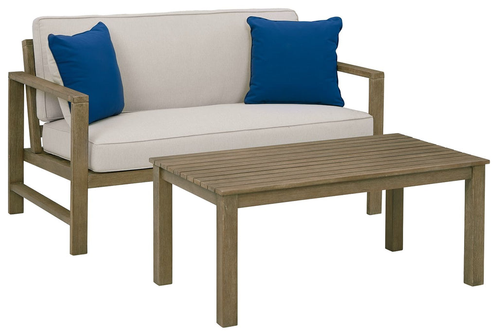 Ashley Furniture Fynnegan Outdoor Loveseat with Table (Set of 2) Blue;Brown/Beige