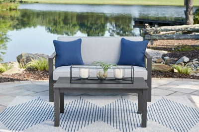 Ashley Furniture Fynnegan Outdoor Loveseat with Table (Set of 2) Black/Gray;Blue
