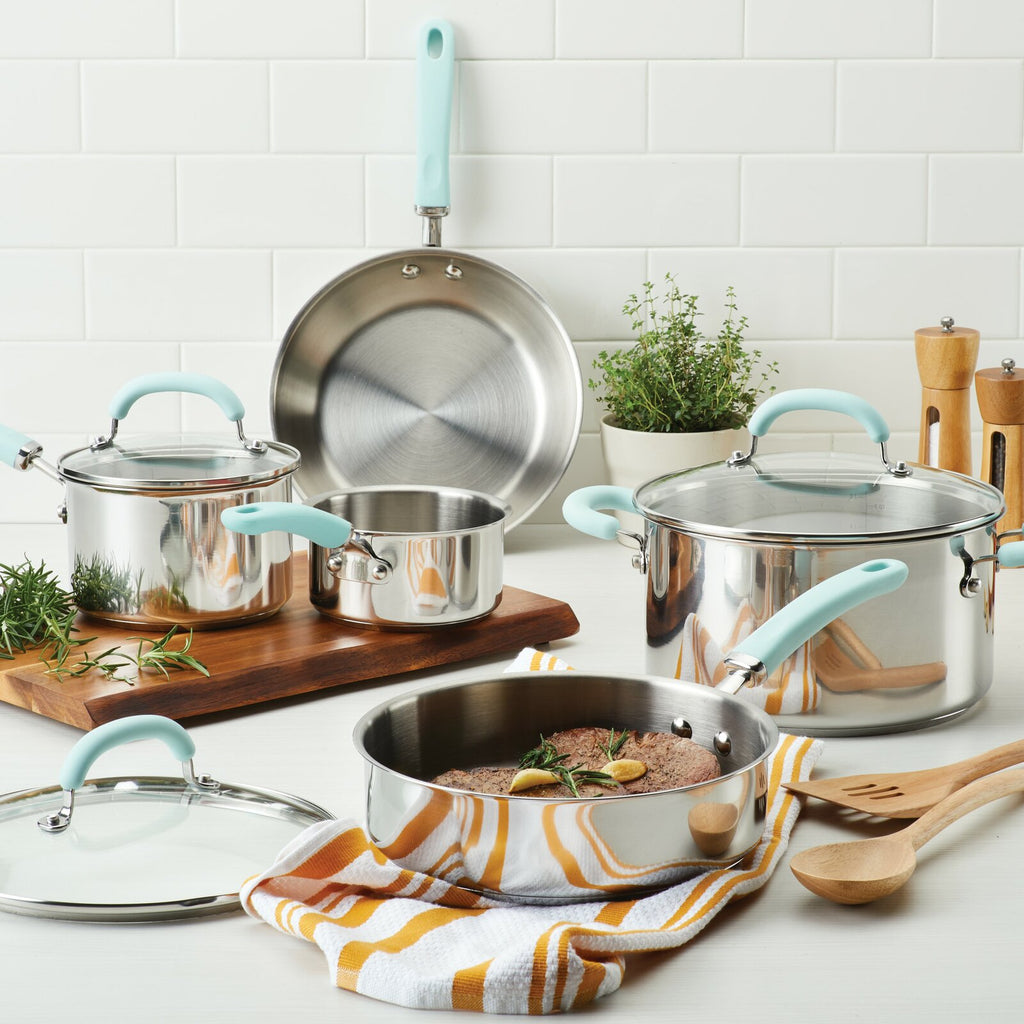 Rachael Ray Create Delicious 10-Piece Cookware Set in Stainless Steel with  Light Blue Handles