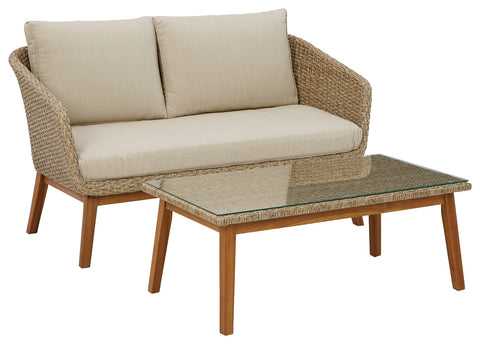 Ashley Furniture Crystal Cave Outdoor Loveseat with Table (Set of 2) Brown/Beige